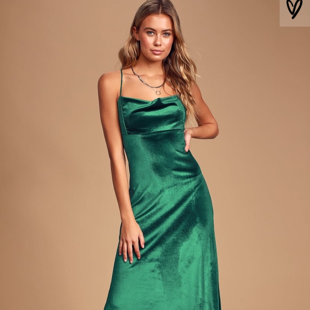Teal Green Velvet Cowl Neck Midi Dress